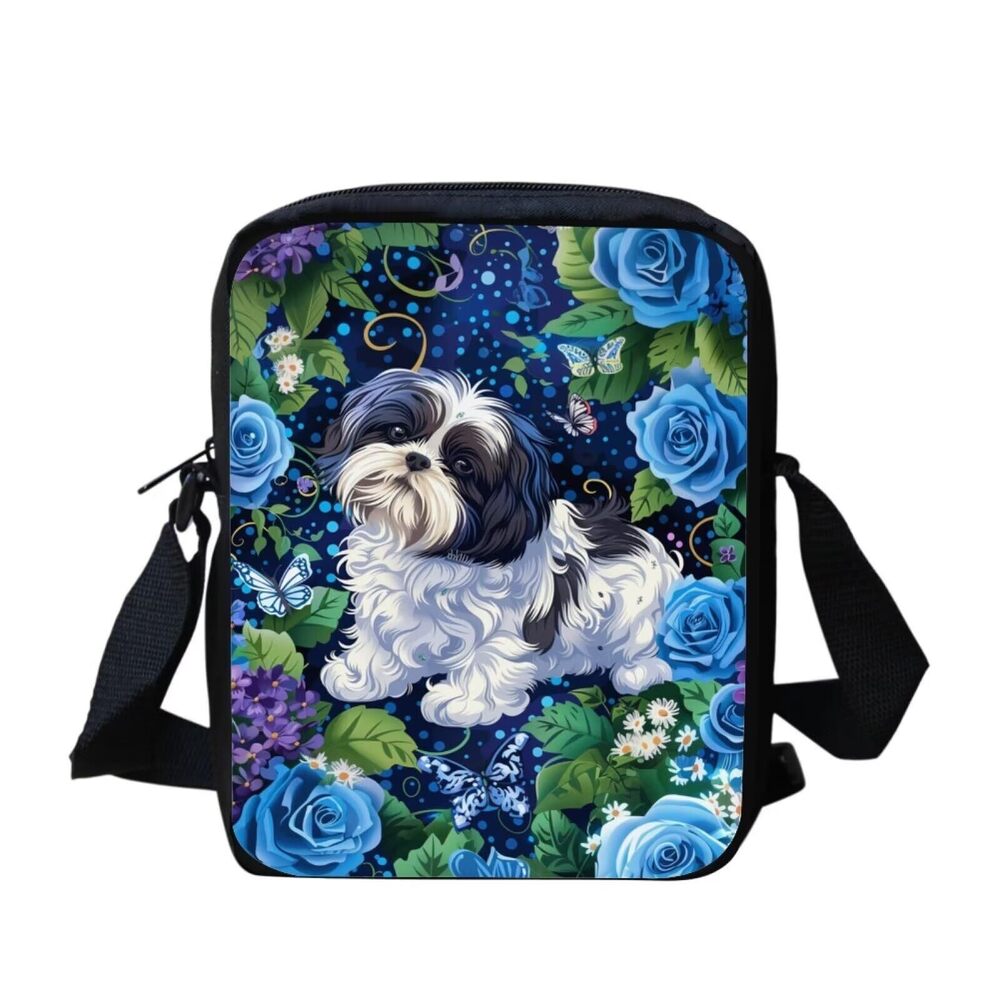 4464 Shih Tzu Print Crossbody Bag Girls's Rose Handbag with Wide Strap